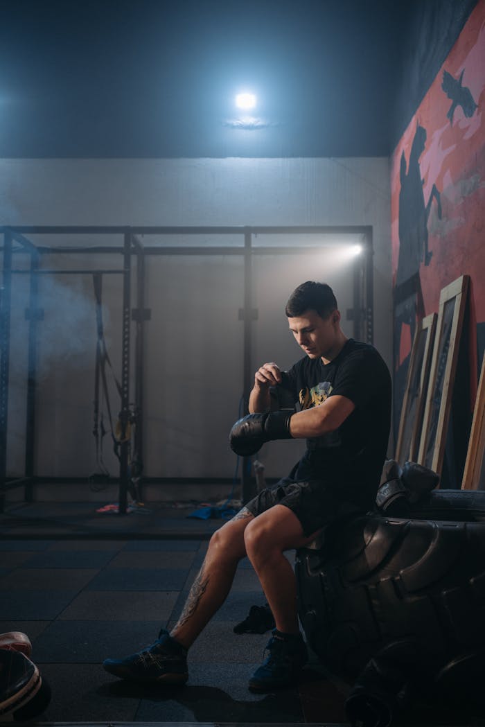 A male boxer takes a break in a dimly lit gym, preparing for intense training.
